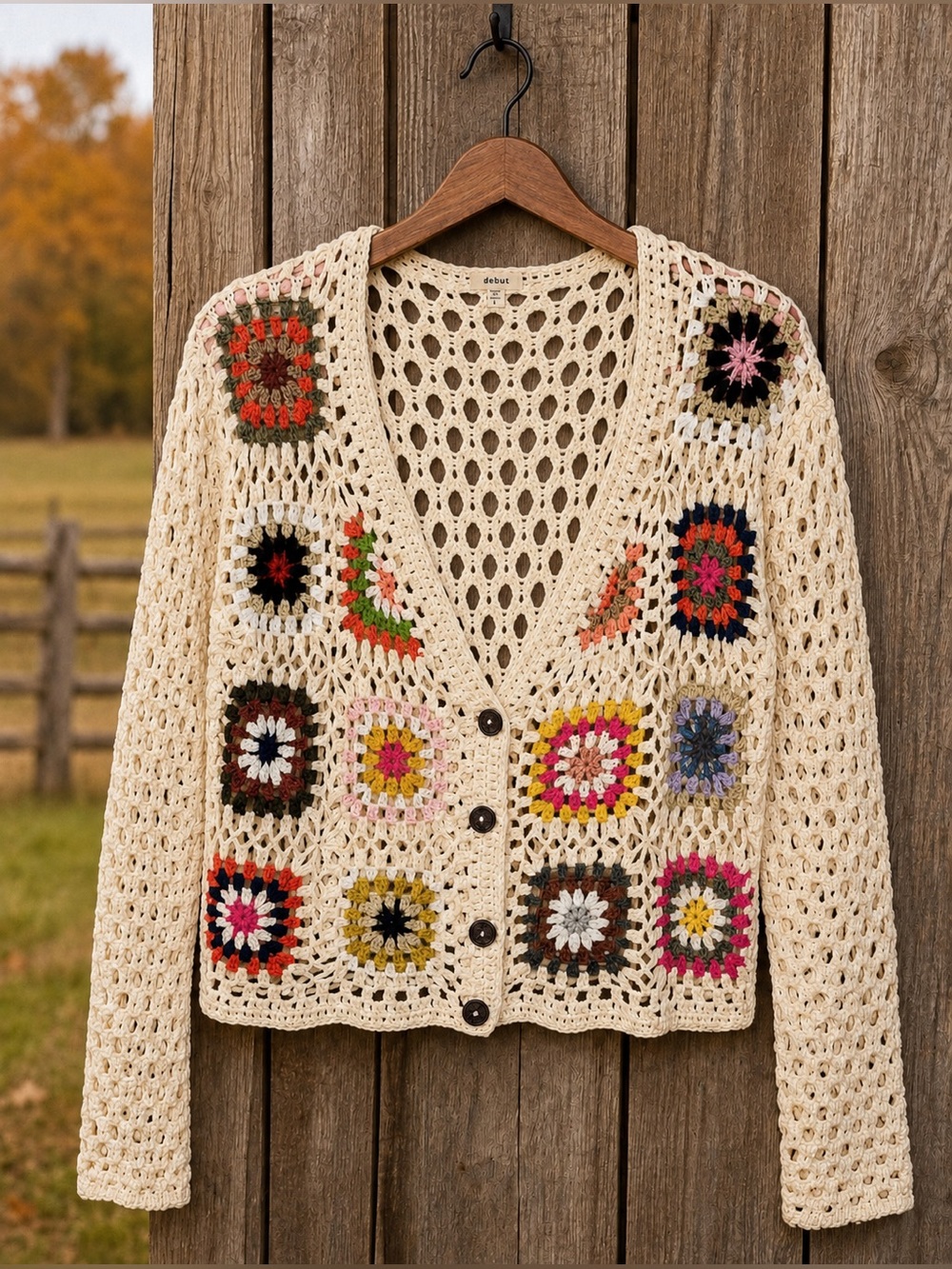 Debut L Crochet Granny Square Cardigan Floral Boho Cream Cropped Sweater